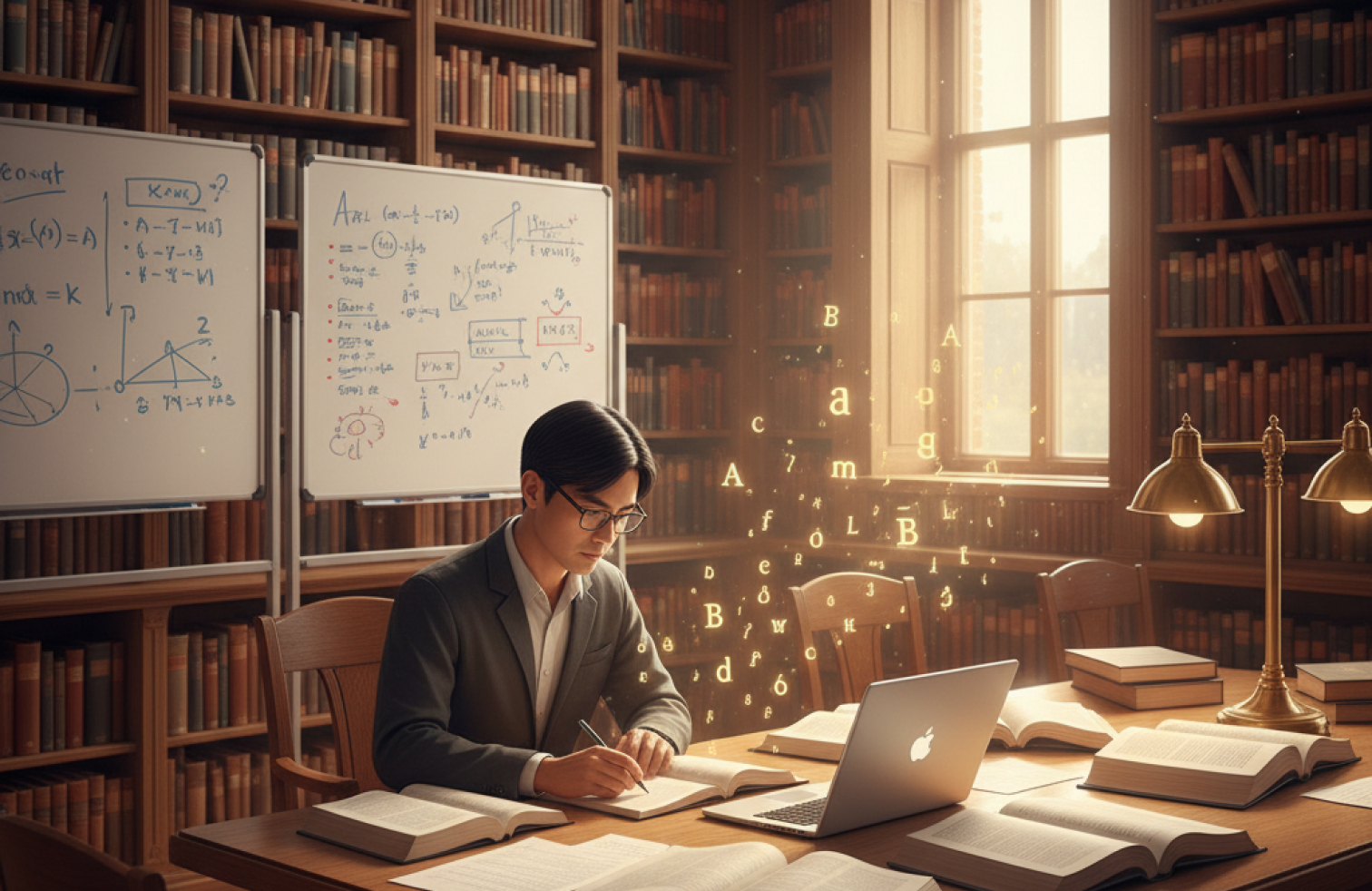 Person reading in a library (or similar location full of books)