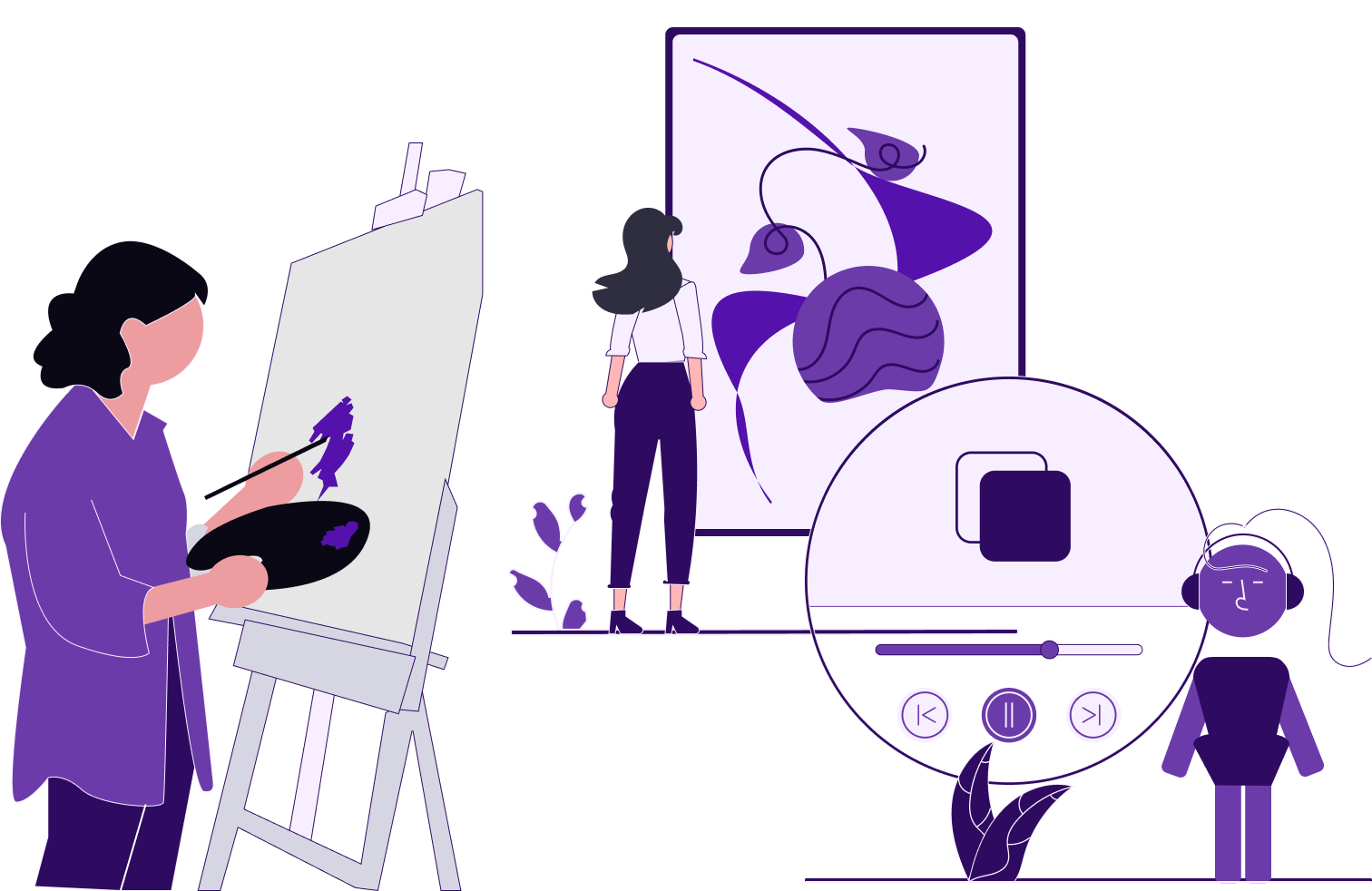 A person reading a comic book surrounded by different books, art, paintings and tools to create more art.